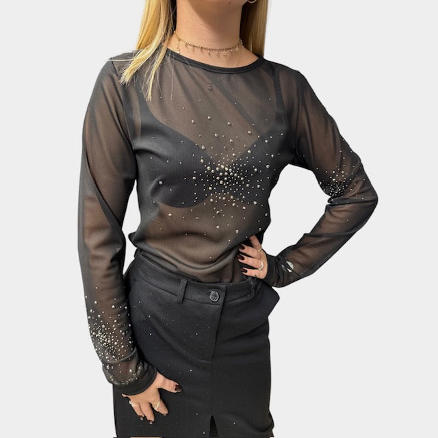 Body Tulle Con Brillantini Nero